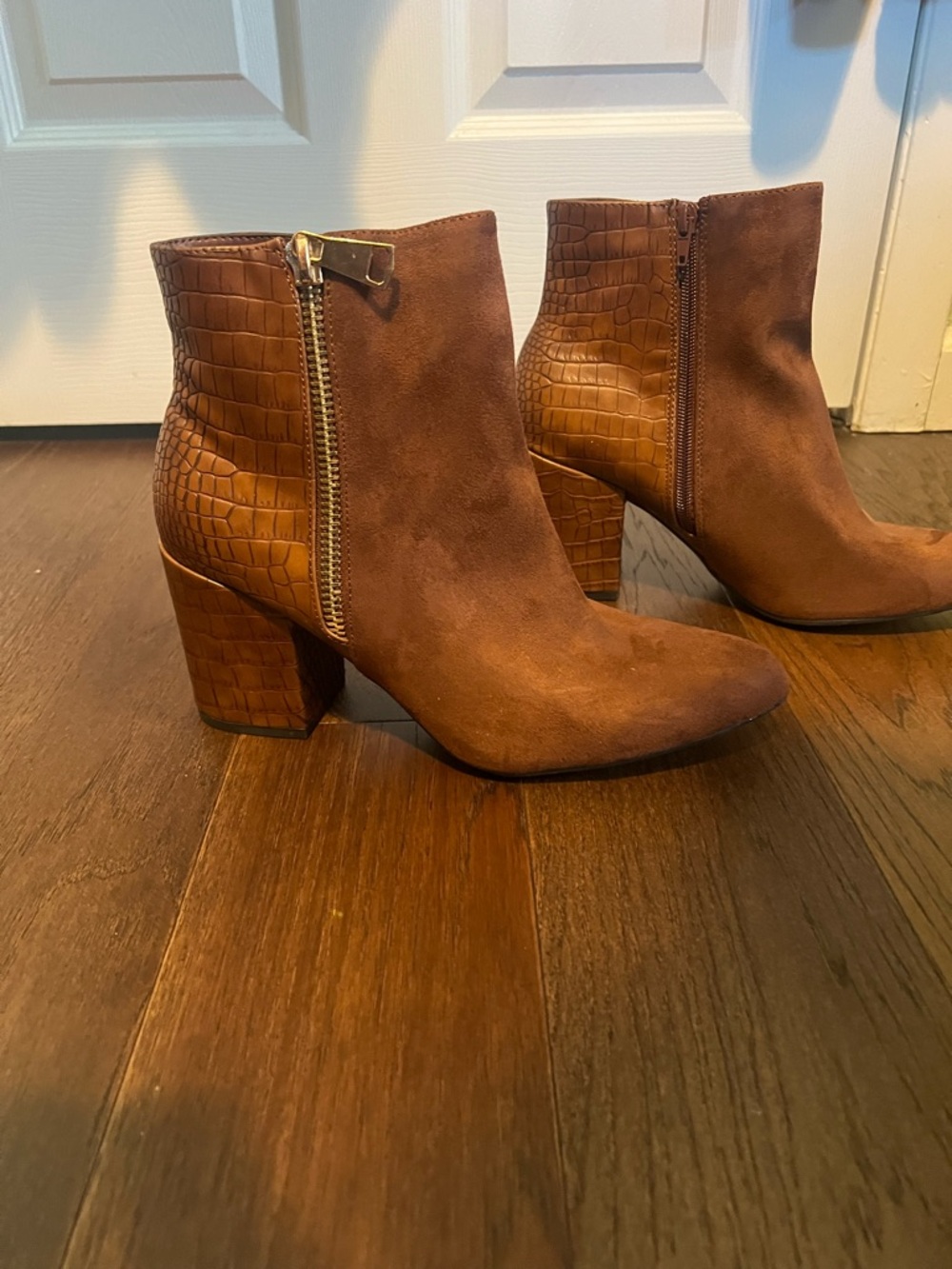 Rouge! Brown Suede Ankle Boots with Croc-Textured Heel